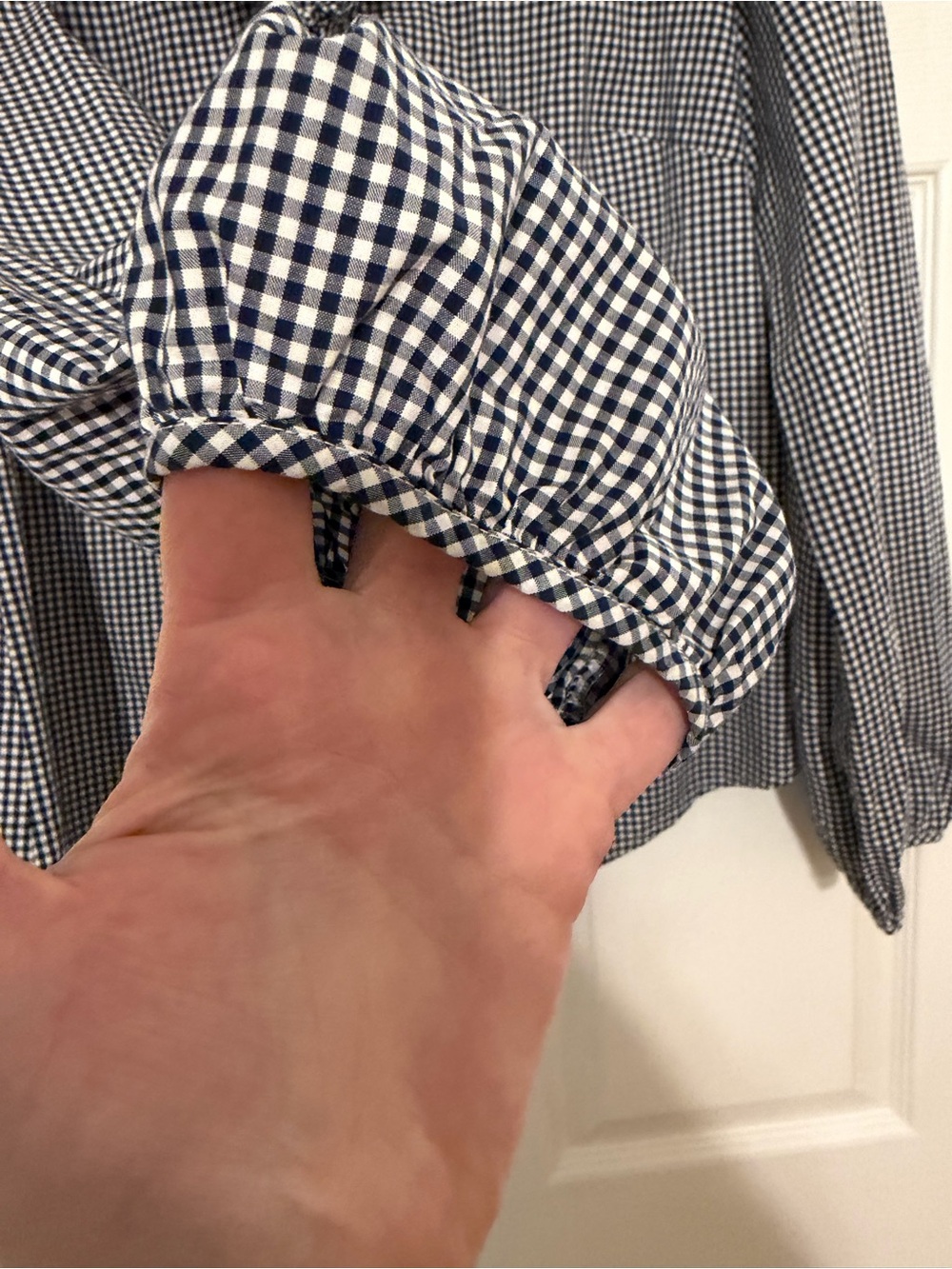 Elizabeth McKay Navy & White Gingham Ruffle V-Neck Blouse - Picture 3 of 8